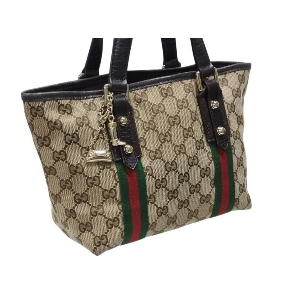 Gucci Leather Beige Green Tan Canvas Red GG Handbag Line Sherry - Picture 4 of 9